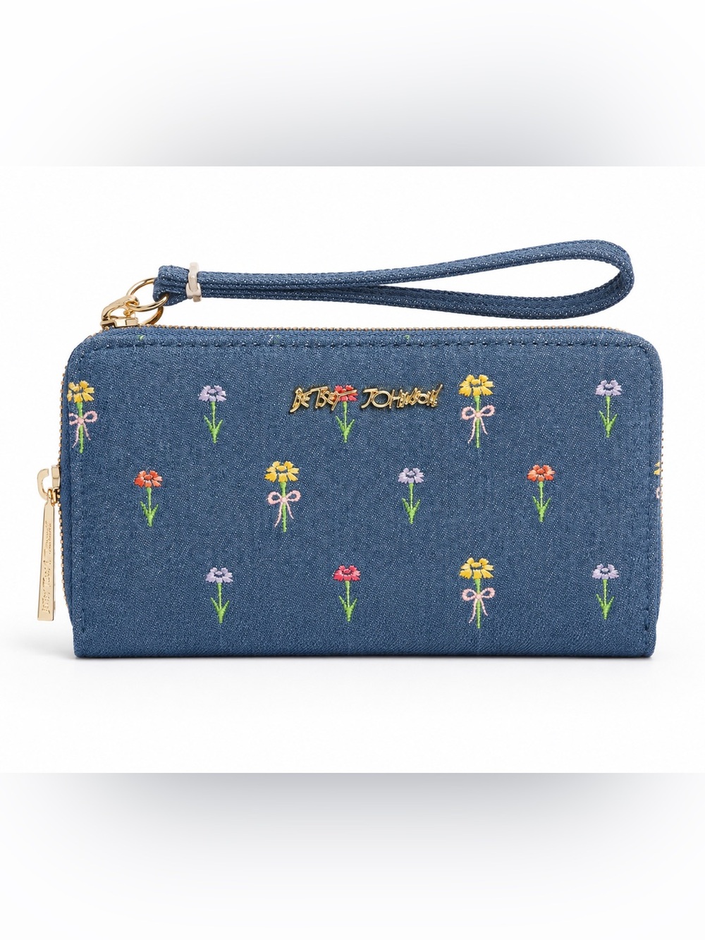 Betsey Johnson Denim Floral Embroidered Wristlet Wallet